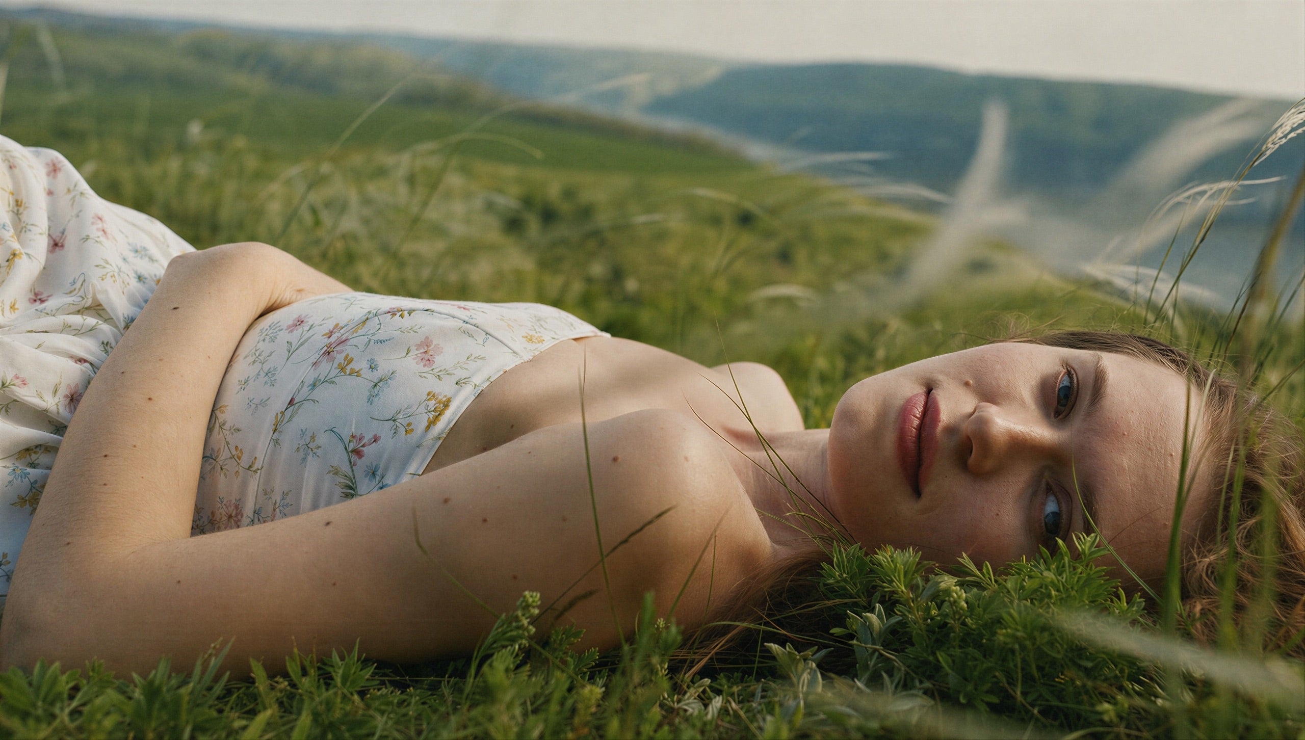 Woman lying in a grassy field, looking toward the camera