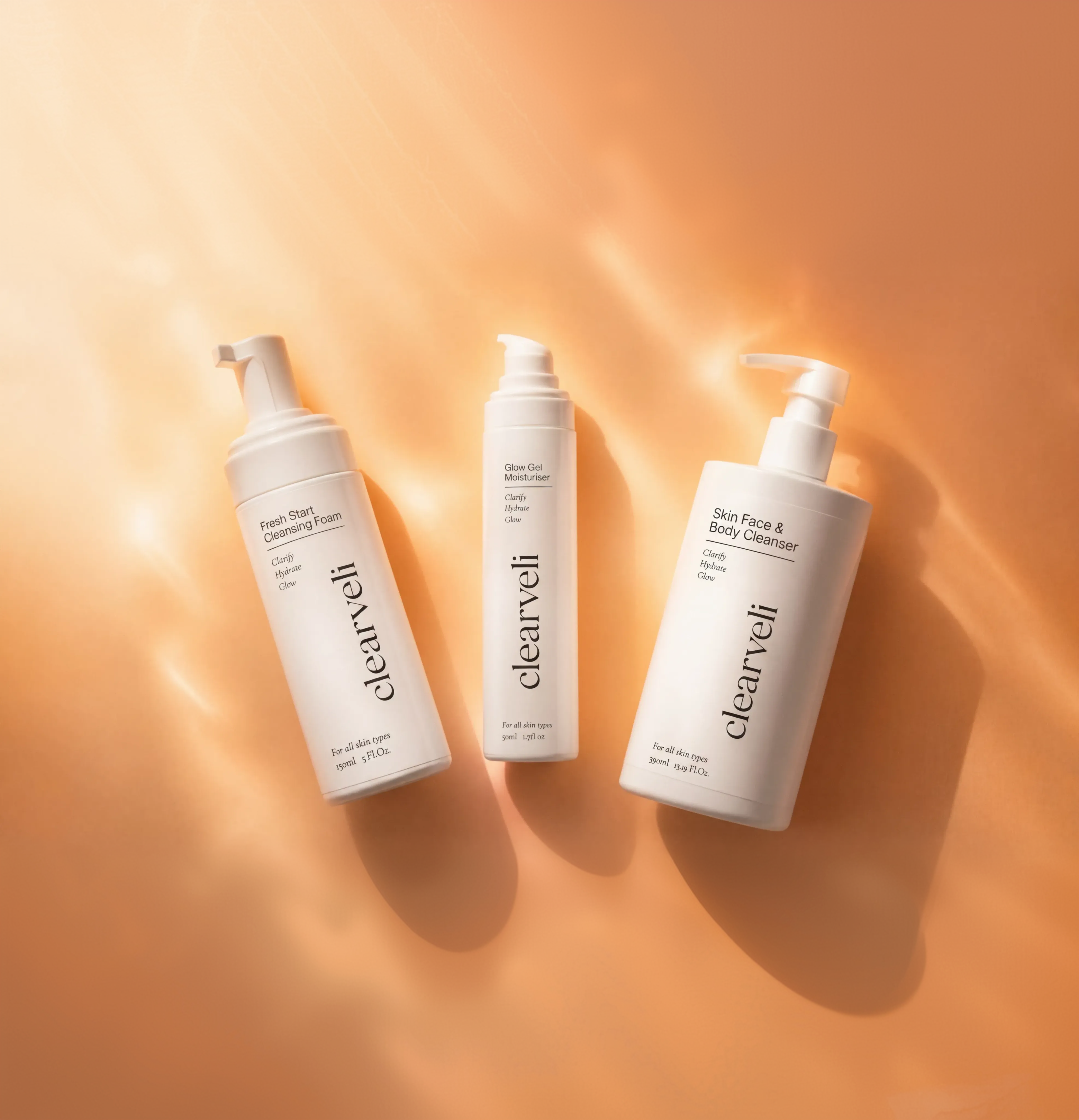 Clearveli products arranged for a daily skincare routine