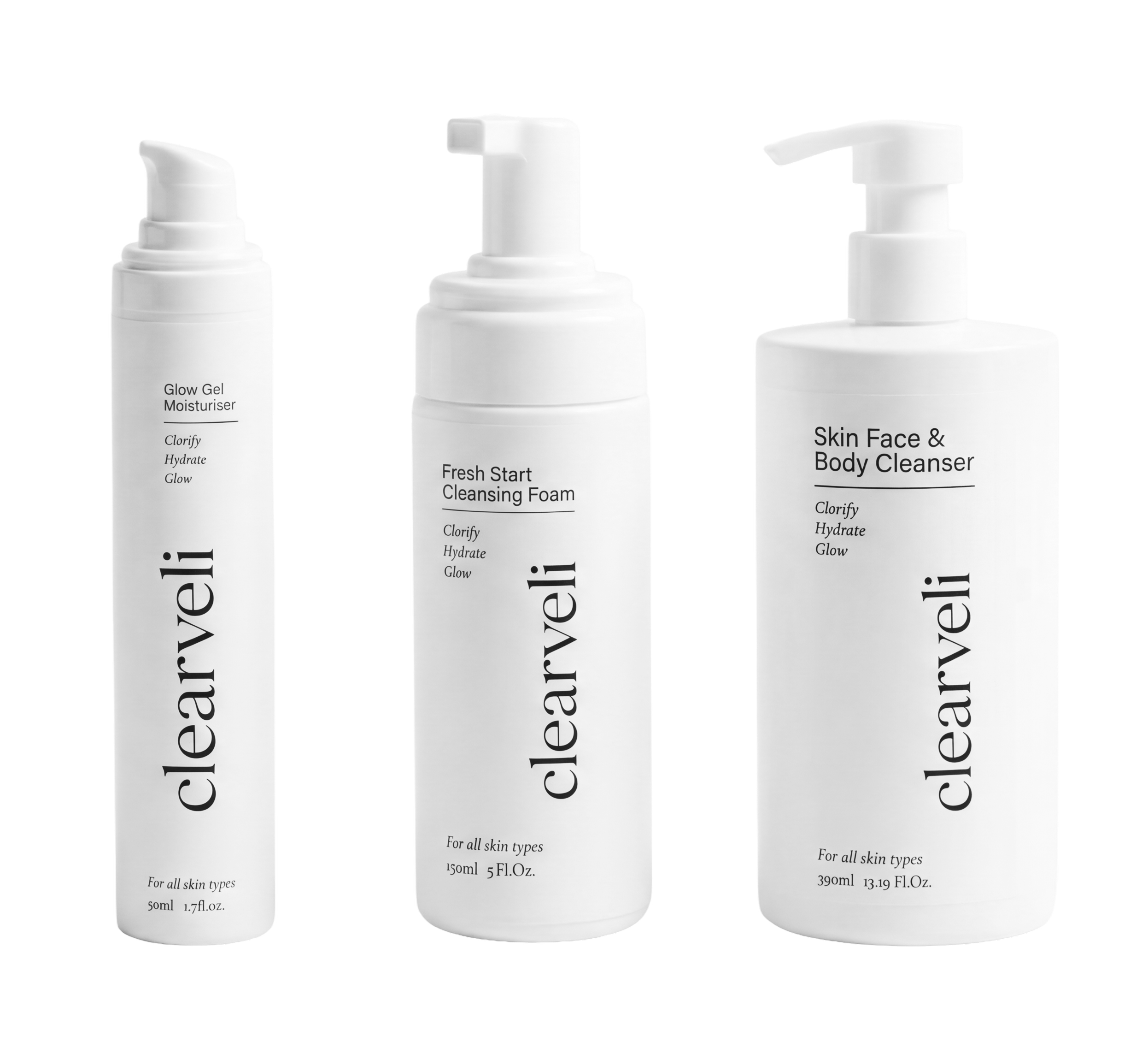 Clearveli Complete Glow Routine with three cleanser and moisturiser bottles