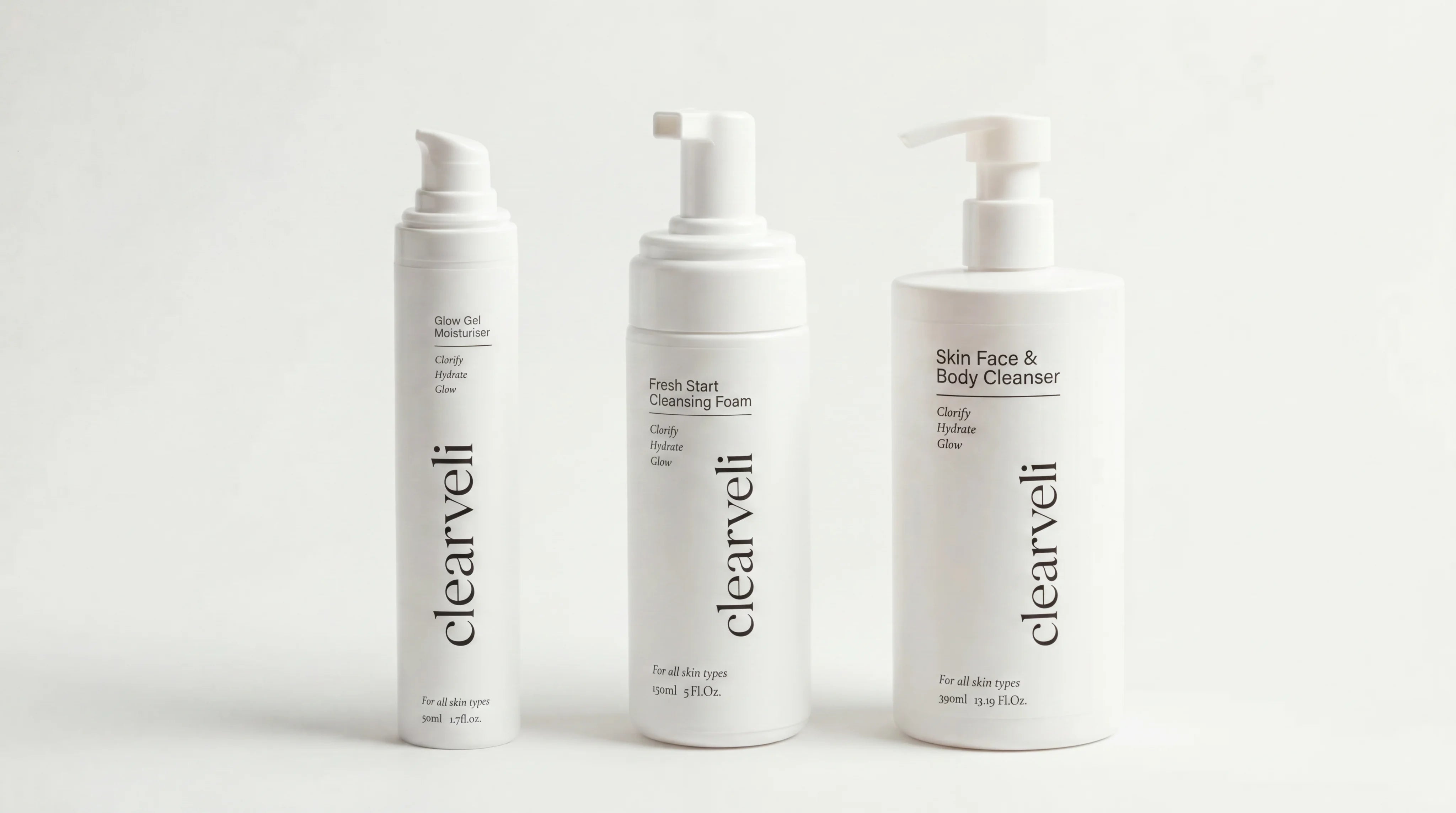 Clearveli Complete Glow Routine with Fresh Start Cleansing Foam, Glow Gel Moisturiser, and Everyday Face Wash