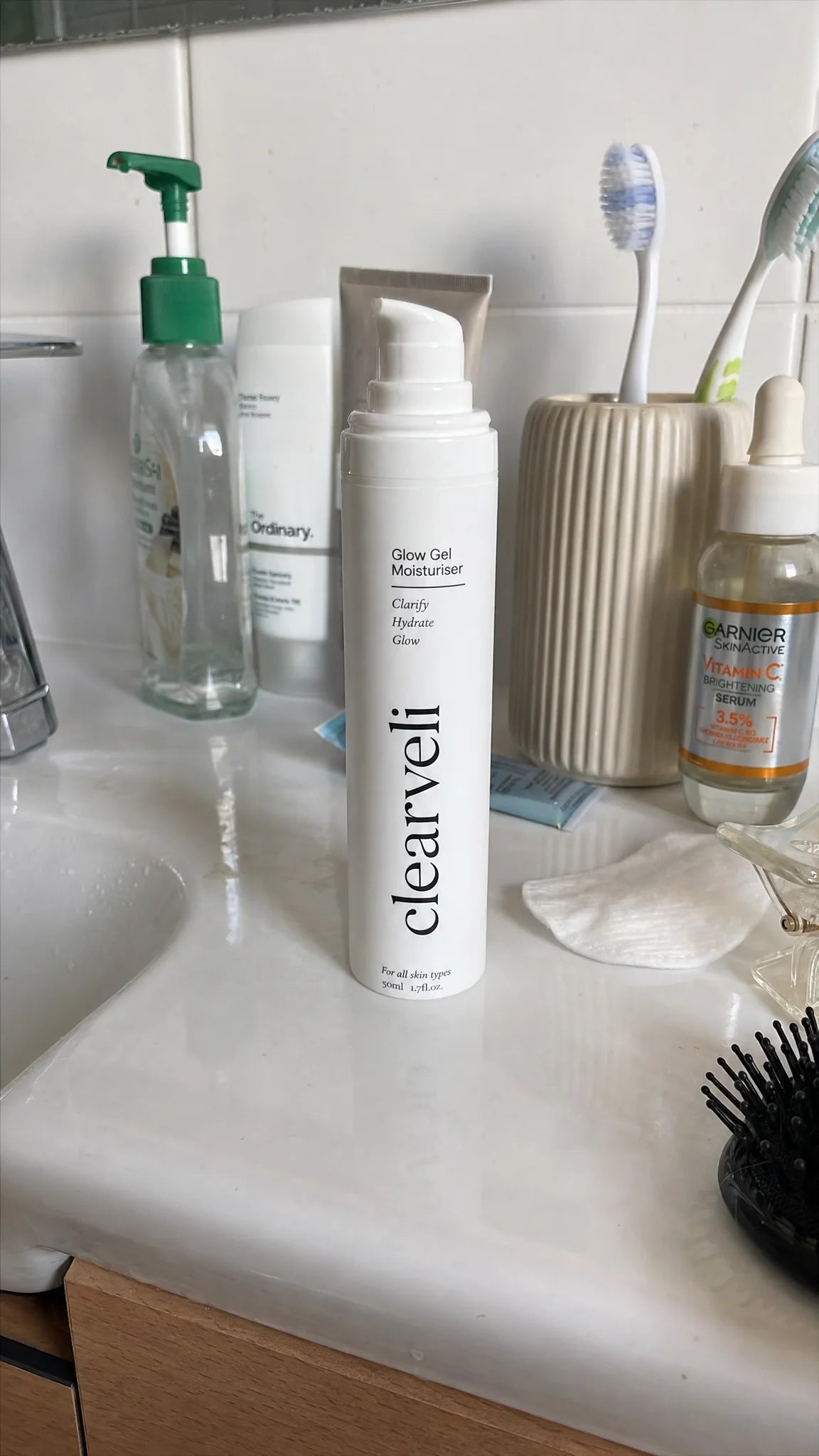Customer photo of Clearveli Glow Gel Moisturiser on a vanity
